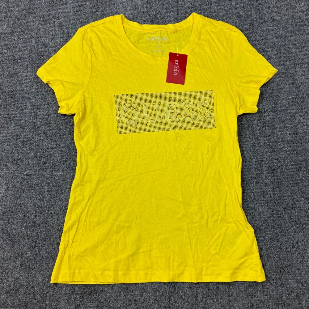 Guess Los Angeles Rhinestone Shirt Colombia Yellow Womens Size Large NEW NWT